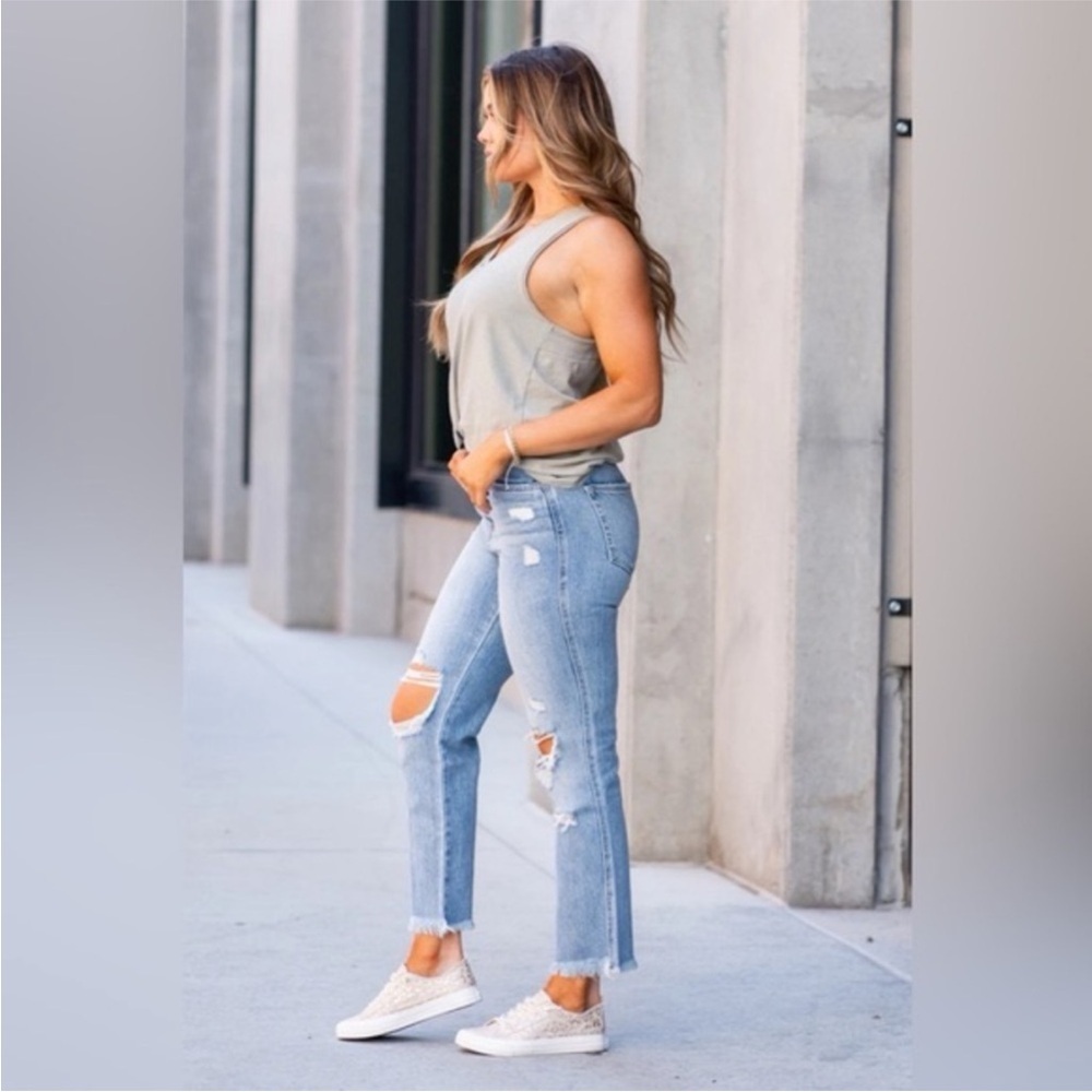 Light Blue Distressed High-Rise Straight Jeans - Flying Monkey - Picture 5 of 9